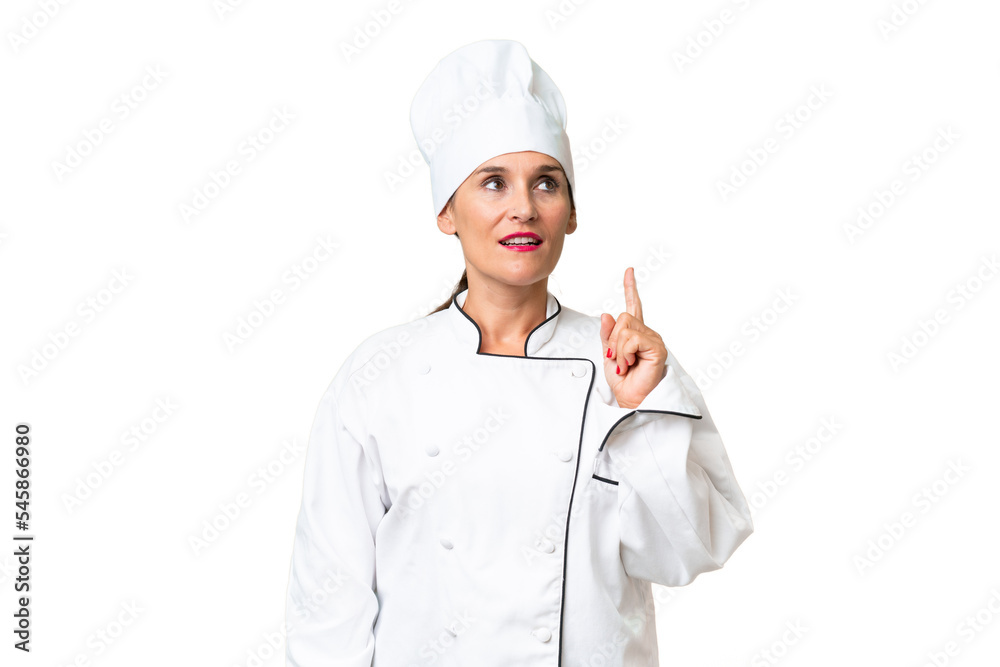 Middle-aged chef woman over isolated background thinking an idea pointing the finger up Middle-aged chef woman over isolated background thinking an idea pointing the finger up