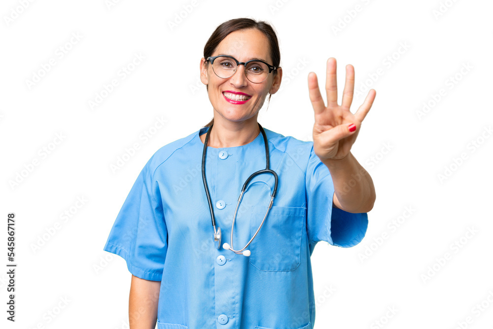 Middle-aged nurse woman over isolated background happy and counting four with fingers