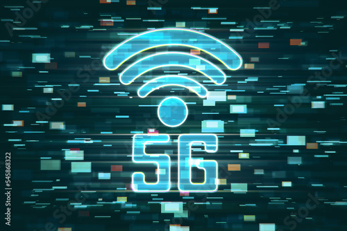 5G glitchy icon hologram on blurry background. 5th Generation Wireless Internet Network connection information technology illustration. 