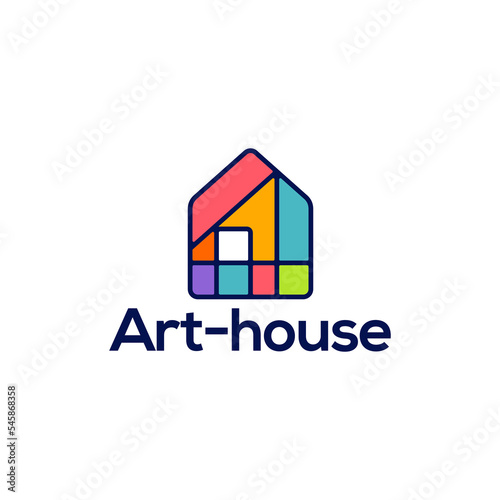 art gallery house logo. Art museum or artist school concept logo with abstract geometric shape house in multicolor design. colorful house artwork logo icon.