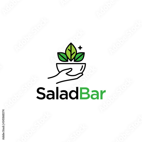 Salad bar logo.  healthy fresh food sign or restaurant emblem. bowl and leaf vegetable, hand holding plate and salad on a white background
