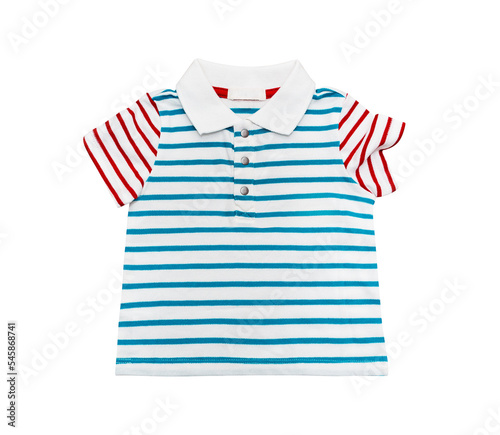 Children's wear - Striped red and blue t-shirt, polo with buttons, isolated on a white background.