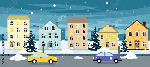 Vector illustration of snowy street. Cartoon winter Christmas street with different houses, cars, fir trees, night sky with city in the background.