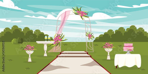 Vector illustration of wedding ceremony. Cartoon landscape with wedding arch, champagne, wedding cake, flowers, path for young.