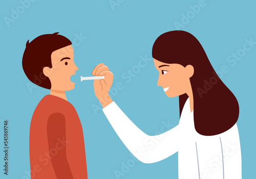 Doctor examining child throat in flat design.