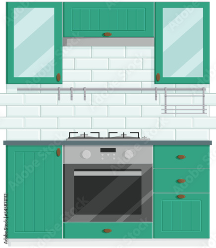 Cosy modern sap green kitchen concept. Kitchen set with gas stove and oven and with white titles on the baskground. Interior design vector illustration in flat style