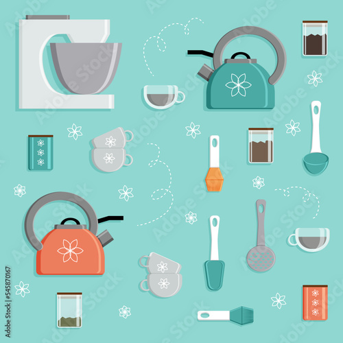 Cosy kitchenware isolated set in green, white and orange colors on the aquamarine background. Icons of kettles, cups, jars, food processor, shovels, Illustration in flat style.