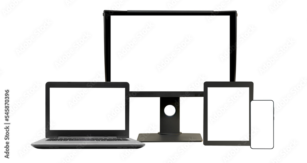 Realistic set of monitor, laptop, tablet, smartphone. A computer monitor is an electronic device that shows pictures for computers.