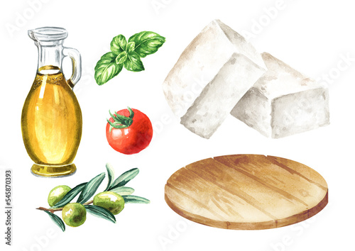 Canvas Print White brine cheese with olive oil and tomatoes set