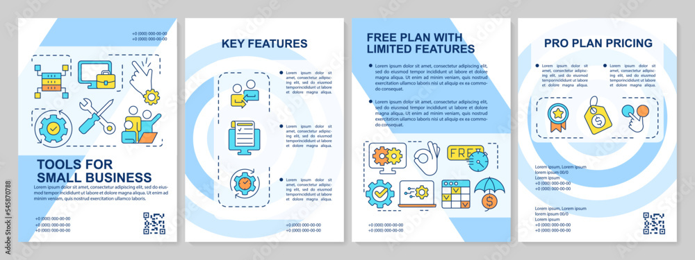 Solution for small business blue brochure template. Optimize. Leaflet design with linear icons. Editable 4 vector layouts for presentation, annual reports. Arial-Black, Myriad Pro-Regular fonts used