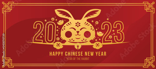 Happy chinese new year  year of the rabbit banner - gold head cute rabbit zodiac and 2023 number of year with money coin around on red background vector design