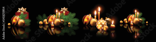 Greeting card Merry Christmas and Happy New Year. Burning candles and  fir branches. Highly realistic illustration.
