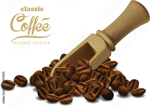 Coffee advertisement with coffee bean and scoop.  High detailed realistic illustration.