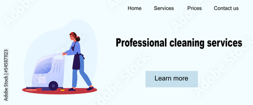 Web site design. Cleaning services. Landing page. Woman washing the floor with scrubbing machine. Industrial vacuum cleaner.  Housemaid cleaning the apartment, office.  Cleaning service. Flat vector 