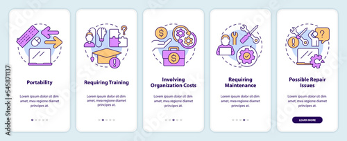 Business tools considerations onboarding mobile app screen. Hardware walkthrough 5 steps editable graphic instructions with linear concepts. UI, UX, GUI template. Myriad Pro-Bold, Regular fonts used
