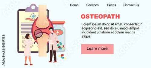 Clinic site design. Header. Joint disease concept. Doctors examining knee joint and prescribing medicines, cure. Osteoarthritis, rheumatoid arthritis treatment. Knee injury. Template.