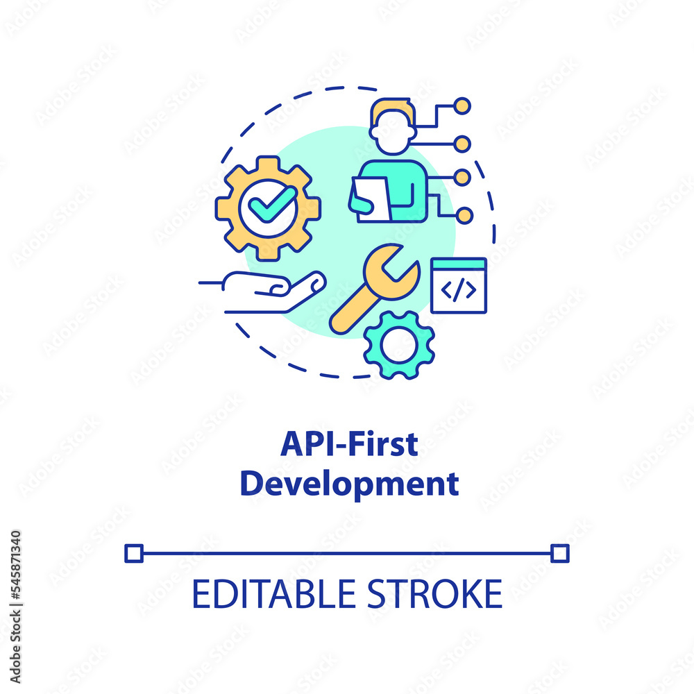 API first development concept icon. Product centric. Trend in web technology abstract idea thin line illustration. Isolated outline drawing. Editable stroke. Arial, Myriad Pro-Bold fonts used