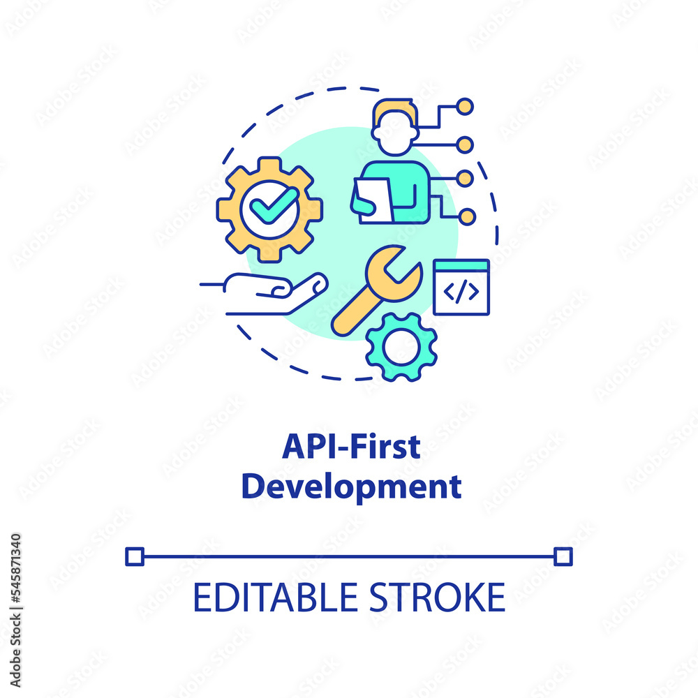 API first development concept icon. Product centric. Trend in web technology abstract idea thin line illustration. Isolated outline drawing. Editable stroke. Arial, Myriad Pro-Bold fonts used API first development concept icon. Product centric. Trend in web technology abstract idea thin line illustration. Isolated outline drawing. Editable stroke. Arial, Myriad Pro-Bold fonts used