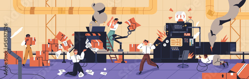 Manufacturing industry problem. Accident, emergency, labor insecurity at production workshop, factory. Danger, broken damaged industrial machines burning, workers in panic. Flat vector illustration