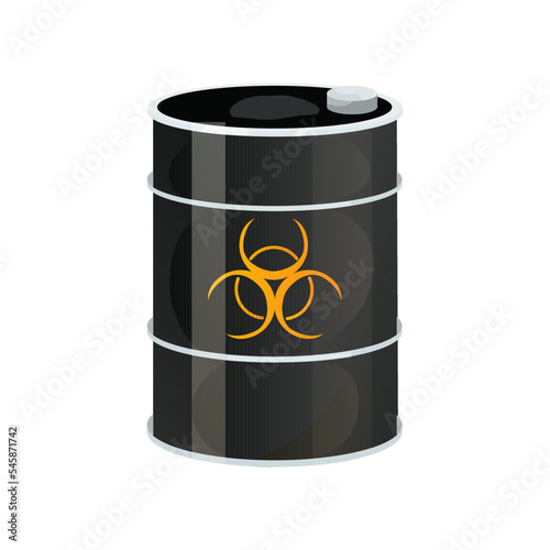 Metal black barrel toxic, radioactive dangerous sign in cartoon style isolated on white background.