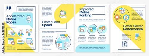 Accelerated mobile pages technology blue and yellow brochure template. Leaflet design with linear icons. Editable 4 vector layouts for presentation, annual reports. Questrial, Lato-Regular fonts used