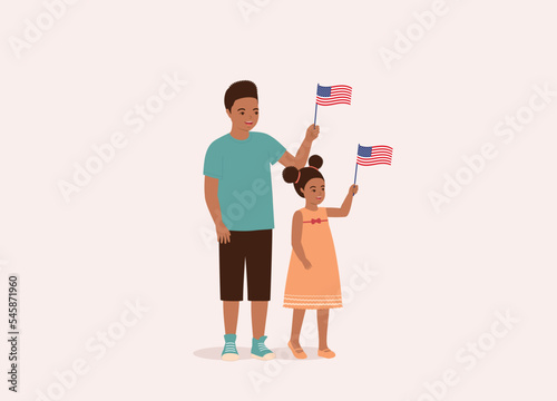 Smiling Black Boy And Girl Waving Small American Flag. Full Length. Flat Design Style, Character, Cartoon.