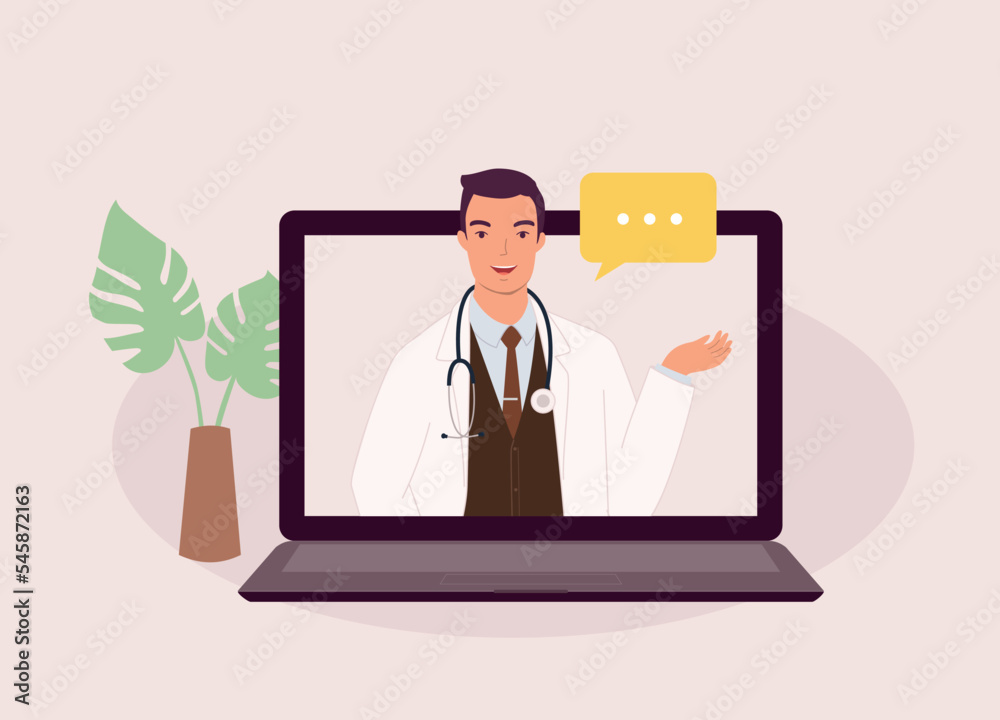One Smiling Male Doctor Giving Online Medical Advice. Telemedicine. Telehealth. Half Length. Flat Design Style, Character, Cartoon.