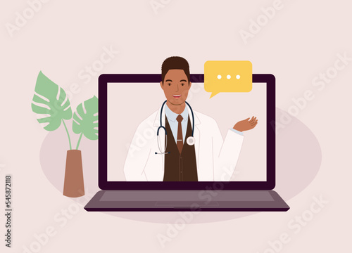 One Smiling Black Male Doctor Giving Online Medical Advice. Telemedicine. Telehealth. Half Length. Flat Design Style, Character, Cartoon.