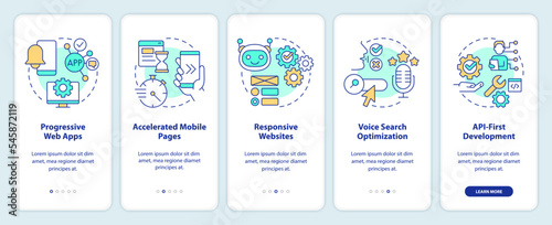 Web development trends onboarding mobile app screen. Digital industry walkthrough 5 steps editable graphic instructions with linear concepts. UI, UX, GUI template. Myriad Pro-Bold, Regular fonts used