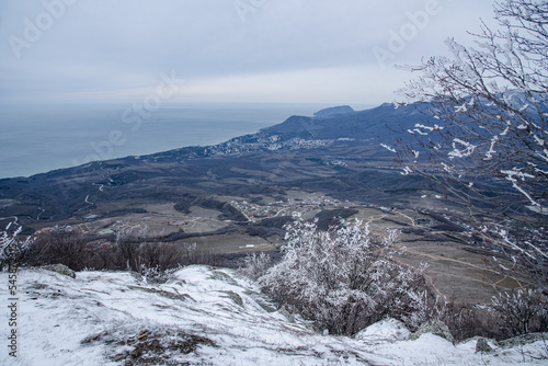 Branches frozen in strangely shaped ice due to the wind Demerdzhi mountain slope in spring. Crimea