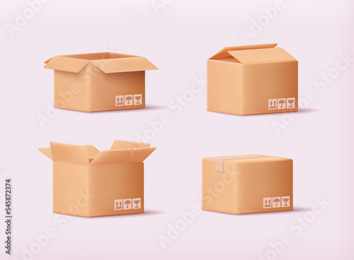 Carton delivery packaging open and closed box with fragile signs. Cardboard box mockup set. 3D Vector Illustrations.