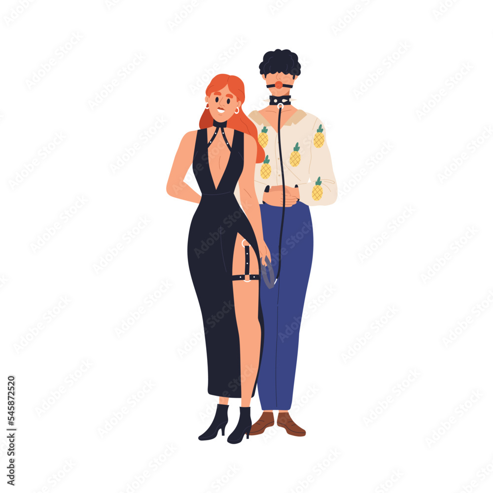 Vecteur Stock Love couple, sexy woman leads man on leather leash. BDSM