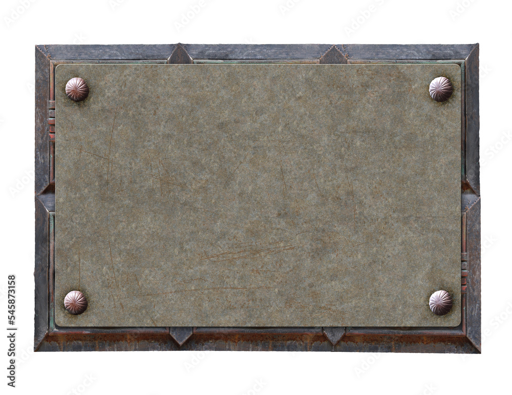Obraz premium Metallic square frame with vintage metal details and retro rivets. Isolated on white background