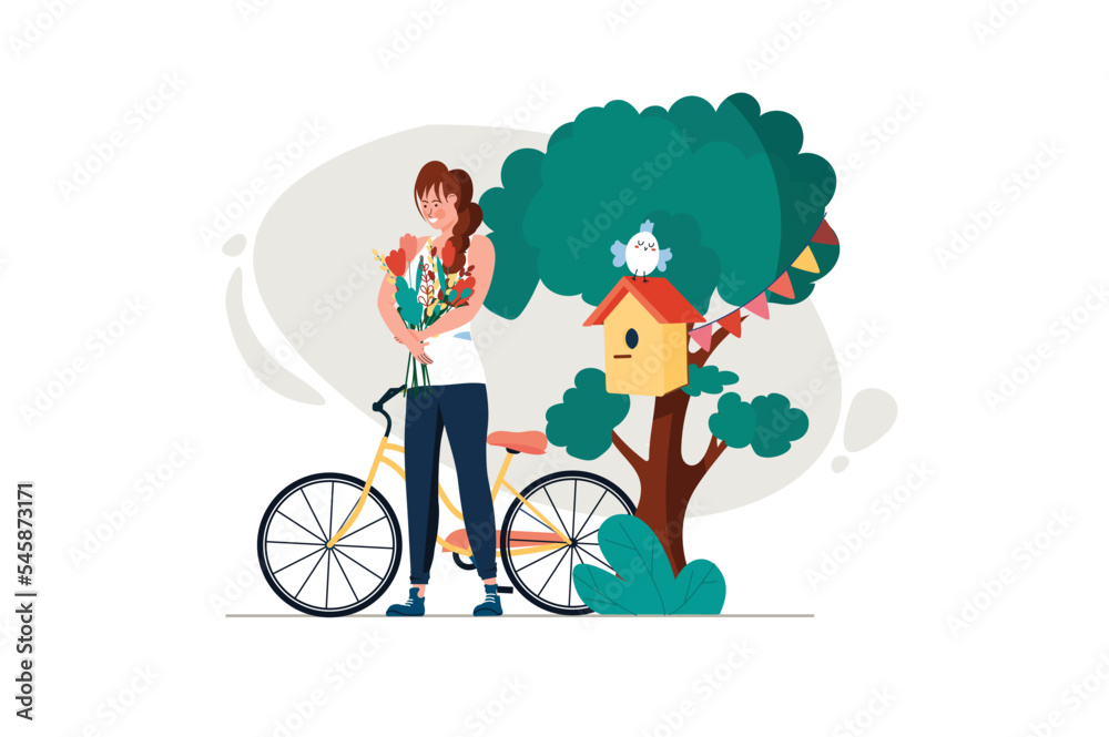 Spring concept with people scene in the flat cartoon style. Girl rides a bicycle and collects spring flowers in the forest. Vector illustration. Spring concept with people scene in the flat cartoon style. Girl rides a bicycle and collects spring flowers in the forest. Vector illustration.