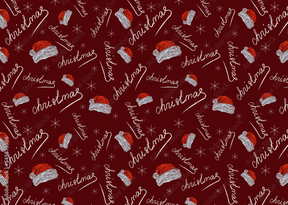 Seamless pattern with Santa Claus red hats and snowflakes on a red background. Winter design. Christmas decorations. Seamless pattern with Santa Claus red hats and snowflakes on a red background. Winter design. Christmas decorations.