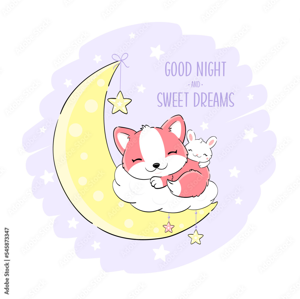 Cute baby fox and bunny Is sleeping on moon. Inscription Good night and sweet dreams. Can be used for for childish t-shirt prints, nursery poster,  baby shower greeting card. Vector illustration EPS8