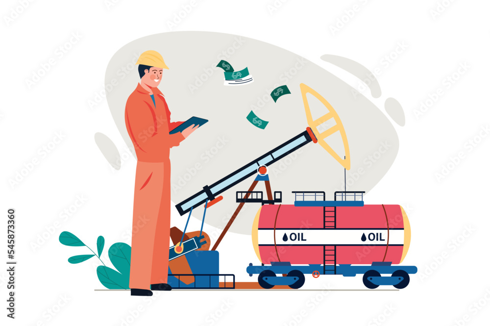 Concept Oil production with people scene in the flat cartoon design. One of the workers monitors oil extraction at the plant. Vector illustration.