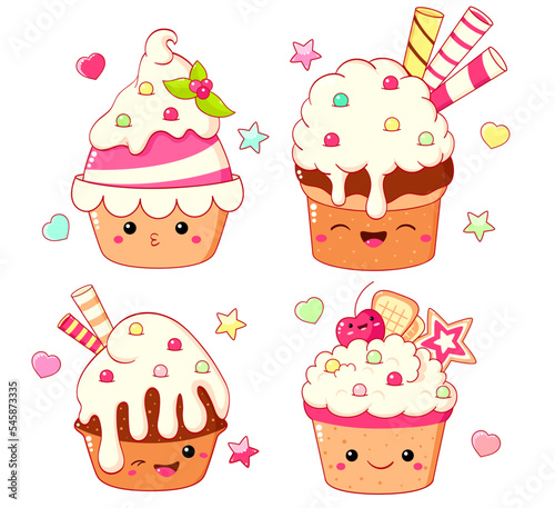 Set of cute sweet desserts in kawaii style with smiling face and pink cheeks for sweet design. Cake, muffin and cupcake with whipped cream. Vector illustration EPS8