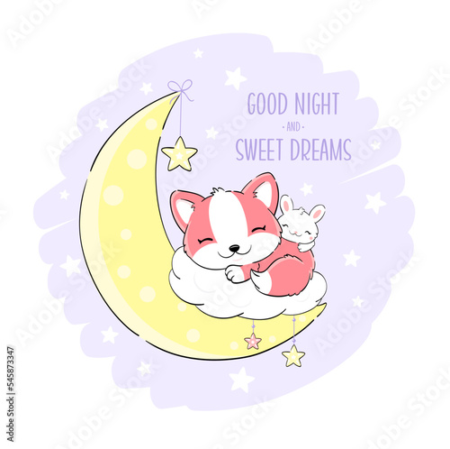 Cute baby fox and bunny Is sleeping on moon. Inscription Good night and sweet dreams. Can be used for for childish t-shirt prints, nursery poster, baby shower greeting card. Vector illustration EPS8