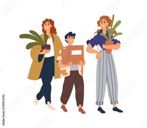 People carrying cardboard box, house plants in pots, moving to new home. Happy family holding packages, belongings, stuff during relocation. Flat vector illustration isolated on white background