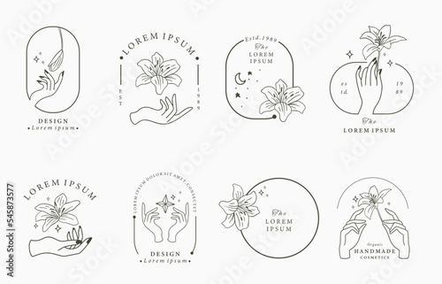 Beauty boho icon collection with hand, lily.Vector illustration for icon,sticker,printable and tattoo