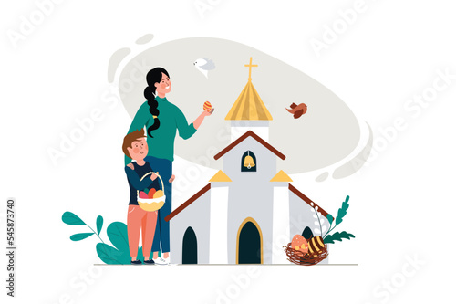 Happy Easter concept with people scene in the flat cartoon style. Mother takes her son to church to consecrate the Easter basket. Vector illustration.