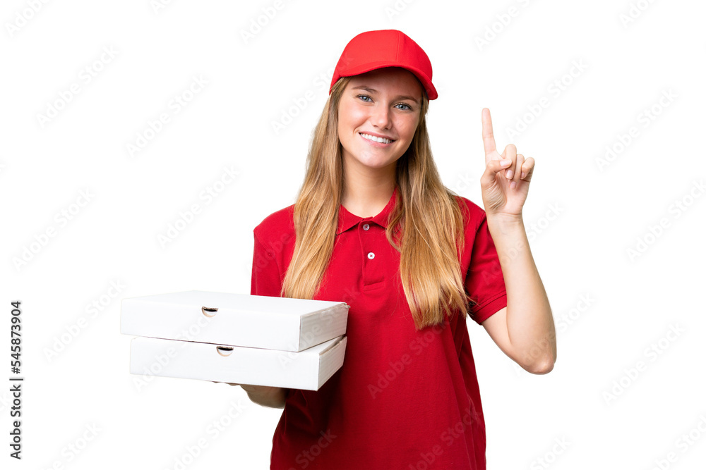 Young caucasian pizza delivery woman with work uniform picking up pizza boxes over isolated background pointing up a great idea Young caucasian pizza delivery woman with work uniform picking up pizza boxes over isolated background pointing up a great idea