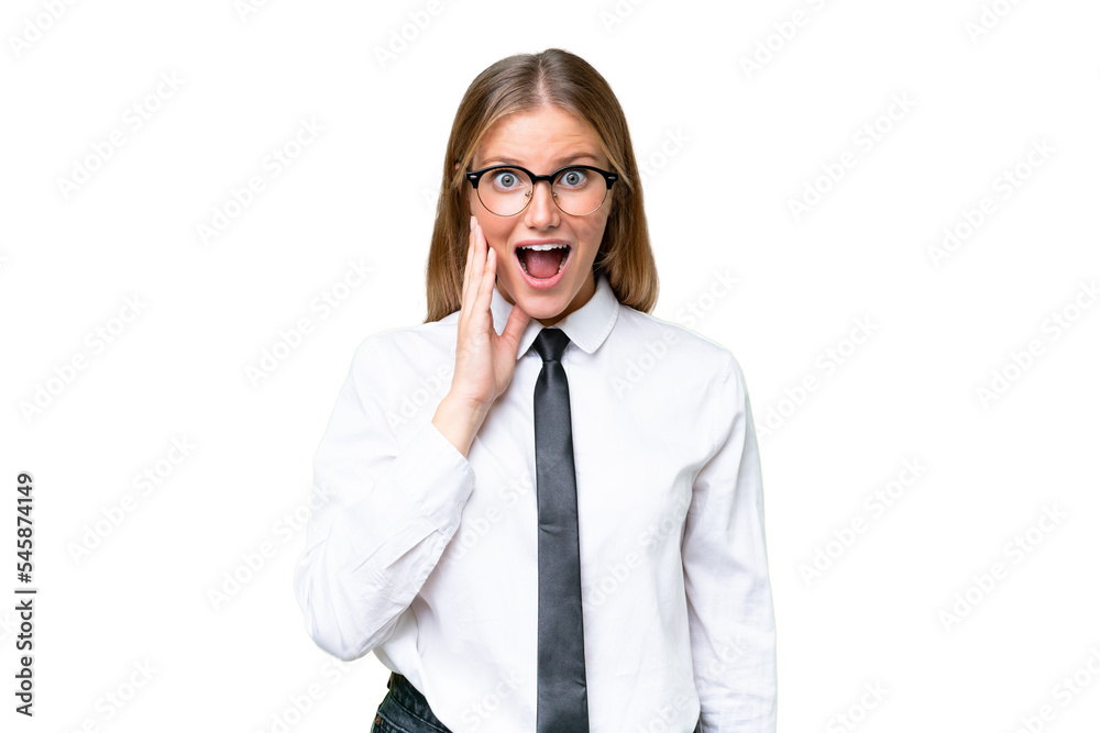 Young business caucasian woman over isolated background with surprise and shocked facial expression