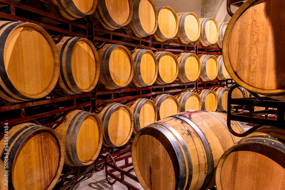 Cellar with barrels for storage of wine, Spain. Wine concept