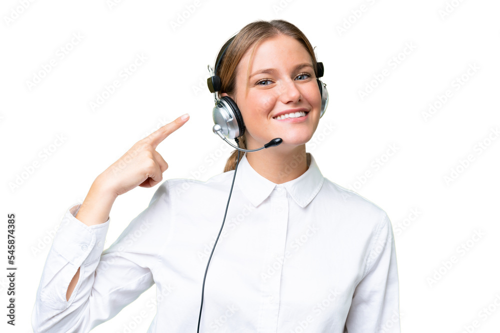 Telemarketer caucasian woman working with a headset over isolated background and pointing it Telemarketer caucasian woman working with a headset over isolated background and pointing it