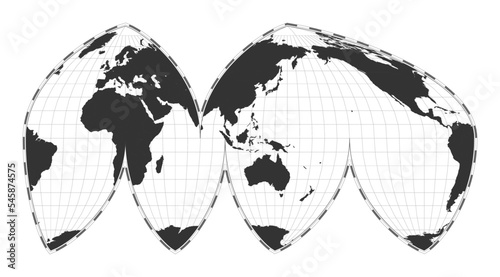 Vector world map. Bogg's interrupted eumorphic projection. Plan world geographical map with latitude/longitude lines. Centered to 120deg W longitude. Vector illustration. photo