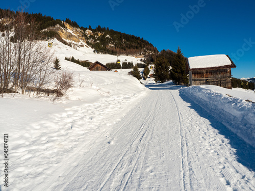 Slope view with funicular in winter in resort Ladis, Fiss, Serfaus in ski resort in Tyrol.