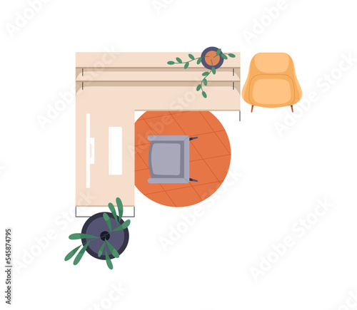Workplace top view. Work table, computer desk, chair and carpet, overhead plan. Home office, study room from above, furniture and plants. Flat vector illustration isolated on white background