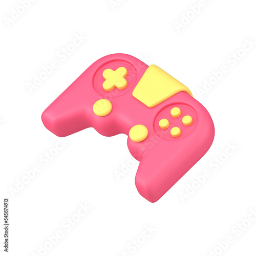 Pink and yellow video game joystick with buttons diagonally placed gaming console 3d icon